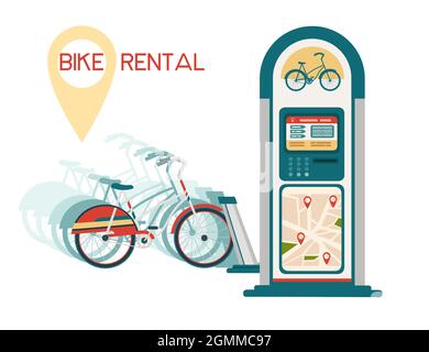 Stazione di noleggio biciclette con moderna illustrazione vettoriale della bicicletta elettrica cittadina su sfondo bianco Illustrazione Vettoriale