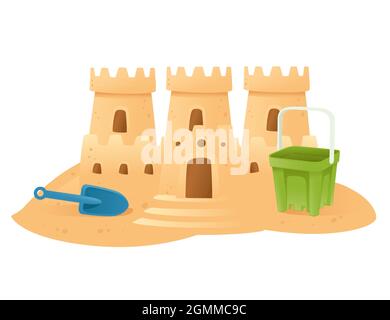 Sandcastle sulla spiaggia hobby felice infanzia costruzione con pala di sabbia e benna illustrazione vettoriale su sfondo bianco Illustrazione Vettoriale