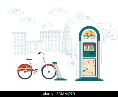 Noleggio biciclette dock station con mappa moderna città elettrica bici vettoriale illustrazione con la città sullo sfondo Illustrazione Vettoriale