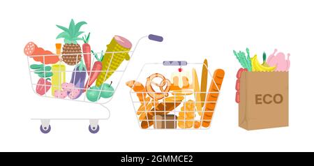 Set di Shopping pieno di cestini alimentari e ECO bag vista frontale isolato su bianco. Illustrazione del vettore Flat Art Illustrazione Vettoriale