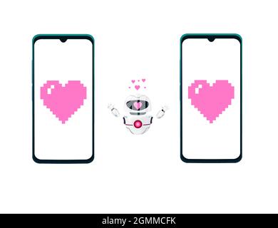 Moderna mascotte robot aiuto aiuto concetto assistente con due smartphone cuori illustrazione vettoriale su sfondo bianco Illustrazione Vettoriale