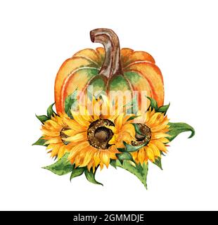 Acquerello illustrazione autunno composizione di zucca e fiori di girasole. Harvest Festival, giorno del Ringraziamento. Pittura botanica isolata su bianco Foto Stock