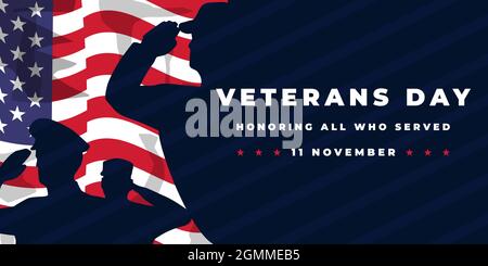 veterans day, 11 novembre. silhouette soldato saluta sulla bandiera americana Illustrazione Vettoriale