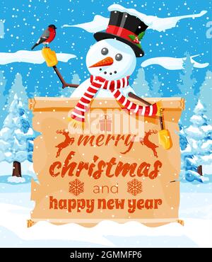 Divertente personaggio di snowman saluto. Illustrazione Vettoriale