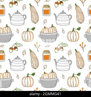 Modello senza cuciture con elementi autunnali - zucche, ghiande, carino teiera, un vaso di marmellata, foglie e bacche. Illustrazione vettoriale in stile doodle. Perfetto per progetti di vacanza, carta da imballaggio, decorazioni. Illustrazione Vettoriale