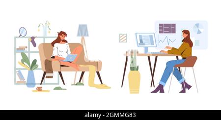 Lavorare da casa o in ufficio. Lavoratore ufficiale piano al computer sul posto di lavoro e donna non ufficiale sul divano in salotto. Lavoro in linea remoto su lavoro di freelance contro lavoro di ufficio. Dipendente contro il freelance. Illustrazione Vettoriale