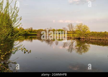 Una passeggiata serale sulla riva del fiume Ruhr tra Muelheim an der Ruhr e Oberhausen, Nord Reno-Westfalia, Germania Foto Stock