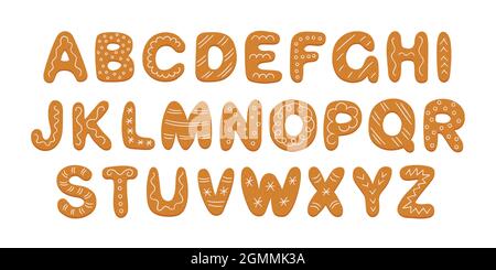 Alfabeto di biscotti di pan di zenzero con glassa di zucchero. Alfabeto cartoon per Natale o Capodanno. Biscotti di festa del pan di zenzero. Font pasticceria. Disegnato a mano Illustrazione Vettoriale
