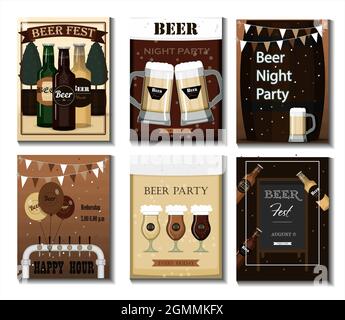 Un set di volantini vettoriali per una festa della birra, festival o pubblicità. Illustrazione piatta con tazze di birra, bottiglie di birra, bicchieri e decorazioni natalizie Ads Illustrazione Vettoriale