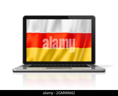 Bandiera dell'Ossezia del sud sullo schermo del portatile isolato su bianco. Rappresentazione grafica 3D. Foto Stock
