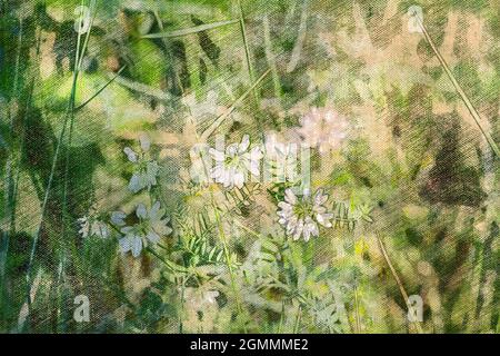 Prato verde con fiori bianchi. Fiori e erbe selvatiche. Pittura digitale ad acquerello Foto Stock