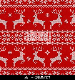 Maglia senza cuciture con cervi e ornamento tradizionale scandinavo. Fondo maglione rosso e bianco per il design di Natale, Capodanno o inverno. Illustrazione Vettoriale