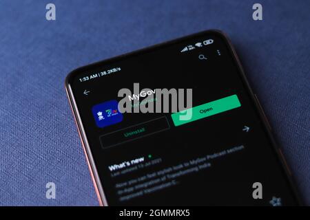 West Bangal, India - 21 agosto 2021 : il mio logo app Gov sullo schermo del telefono immagine stock. Foto Stock
