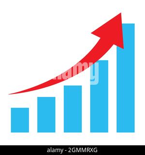 diagramma di crescita con freccia rossa che va su icona su sfondo bianco. segno di crescita aziendale. successo commerciale simbolo. stile piatto. Foto Stock