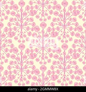 Sakura stilizzata fiore sfondo vettoriale senza giunture. Lo sfondo in stile Millefleur si fonde con rosa e giallo pastello. Damask layout floreale Illustrazione Vettoriale