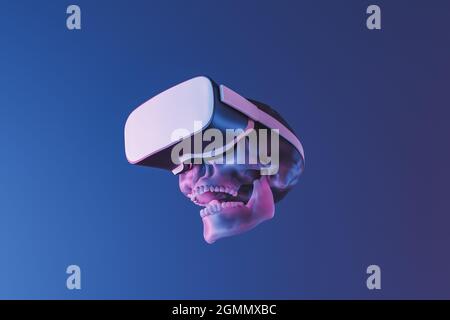 cranio con occhiali per realtà virtuale e illuminazione al neon. rendering 3d Foto Stock