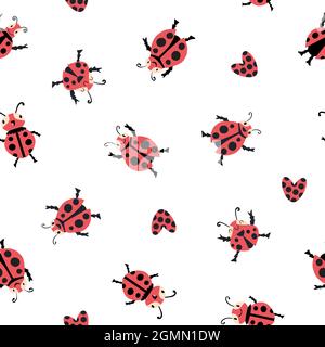 Divertente Ladybug vettoriale con pattern senza cuciture. Sfondo nero bianco rosso funky con divertente cartoon sparso kawaii personaggi ladybird ballare e. Illustrazione Vettoriale