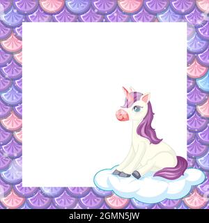 Modello di cornice in scala di pesce viola bianco pastello con simpatico unicorno seduto sulla nuvola Illustrazione Vettoriale