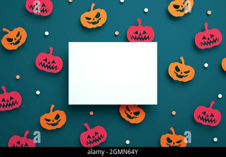Allegro mockup di carte Halloween con sfondo di zucche in 3D rendering. Modello di volantino vuoto per Halloween party Foto Stock