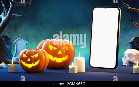 Halloween cellulare mockup schermo vuoto in una misteriosa scena notturna con zucche e nebbia. Modello di app per telefono cellulare Happy Halloween Foto Stock