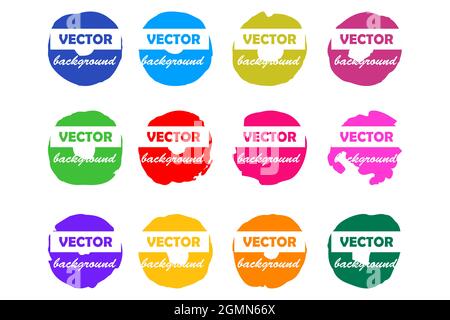 Coloratissime macchie tonde di vernice spazzolata isolate su sfondo bianco per etichette grafiche, striscioni, adesivi. Set di illustrazioni vettoriali astratte. Passato Illustrazione Vettoriale