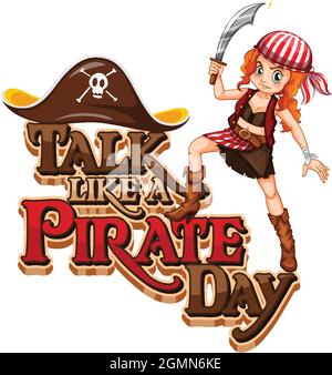 Parla come un carattere Pirate Day con una donna pirata ha un'illustrazione di spada Illustrazione Vettoriale