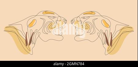 Tiger vettore cinese di nuovo anno in continuo, stile di arte di linea. Simbolo asiatico disegnato a mano di 2022 anni in stile bohémien. Gatto selvatico semplice sullo sfondo. Illustrazione Vettoriale