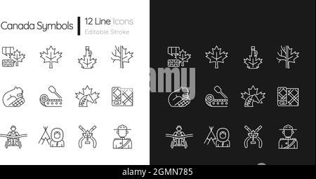 Simboli canadesi icone lineari impostate per modalità scure e chiare Illustrazione Vettoriale