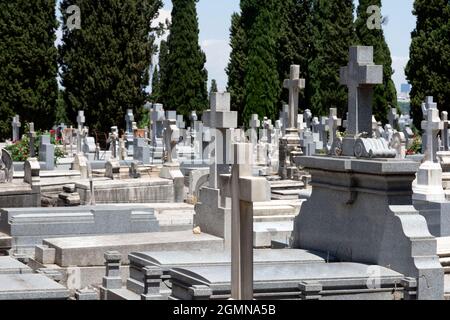 Vista di croci e tombe in marmo e pietra in un cimitero di Madrid, Spagna. Cipressi e cielo sullo sfondo. Giorno del concetto morto Foto Stock