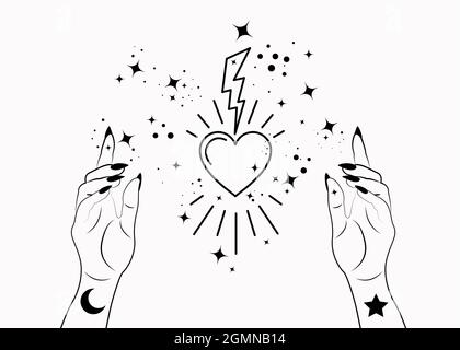 Mistica Donna mani alchimia esoterica magia spazio stelle, fulmine e sacro cuore simbolo. Logo Boho in tatuaggio con contorno nero. Spirituale Illustrazione Vettoriale