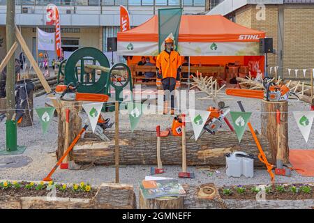 Novi Sad, Serbia - 18 settembre 2021: Stihl Equipment for Carpenters at Agriculture Expo Fair. Foto Stock