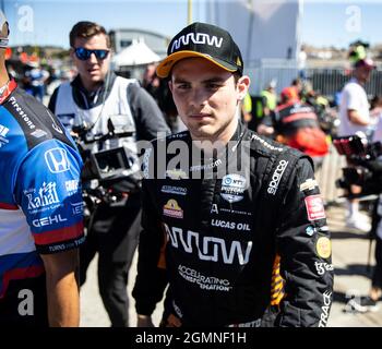 Settembre 19 2021 Monterey, CA, U.S.A. Arrow McLaren SP driver Pato o'Ward in pit durante il NTT Firestone Grand Prix di Monterey Race al Weathertech Raceway Laguna Seca Monterey, CA Thurman James/CSM Foto Stock