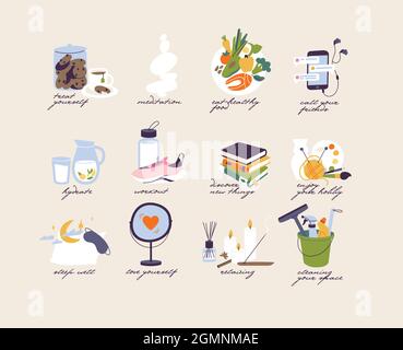 Concetto di illustrazione vettoriale di cura di sé e di stile di vita sano. Impostare le icone della routine di manutenzione automatica. Illustrazione Vettoriale