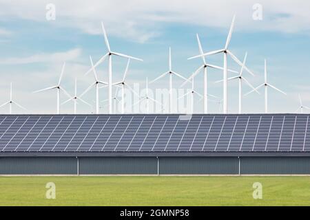 Olandese moderna casa colonica con tetto a pannelli solari di fronte ad un grande parco eolico con turbine eoliche Foto Stock