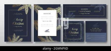 Natale Blue Vector Invitation carte, poster e Banners sfondi set. Layout di progettazione anteriore e posteriore con modelli di ramo di Golden Pine di schizzo Illustrazione Vettoriale