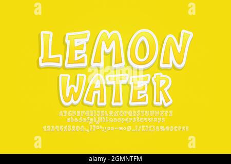 Etichetta di testo dell'acqua di limone effetto adesivo 3d. Cartoon alimentare colore giallo con ombra trasparente su sfondo giallo. Illustrazione Vettoriale