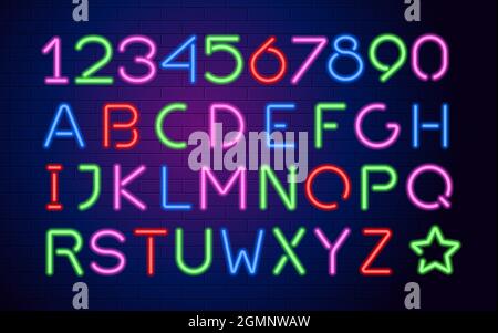 Lettere e numeri al neon. Illustrazione Vettoriale