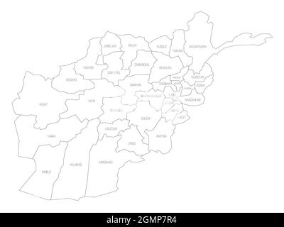 Mappa politica a profilo nero dell'Afghanistan. Divisioni amministrative - Province. Semplice mappa vettoriale piatta con etichette. Illustrazione Vettoriale