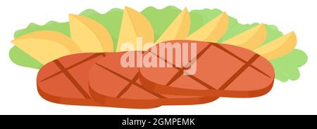 Manzo alla griglia con patate fritte. Carne tritata con guarnitura su insalata verde isolata su bianca. Illustrazione di un cartoon vettoriale. Illustrazione Vettoriale