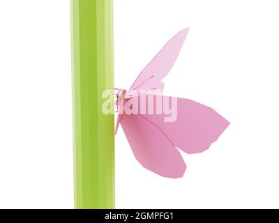 Farfalla poligonale bassa su primo piano stelo verde, isolata su sfondo bianco, rendering 3d Foto Stock