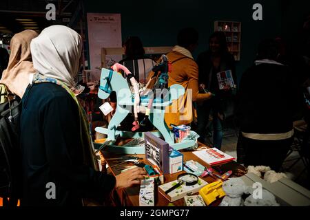 Bologna, ITALIA. 1 aprile 2019. Vista dal Salone del Libro dei Bambini di Bologna giorno di apertura al quartiere Fiera di Bologna, Italia. Foto Stock