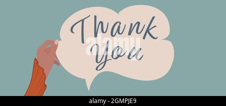 Braccio sollevato di donna che tiene un'etichetta sotto forma di bolla di discorso con l'iscrizione - grazie - concetto di gratitudine e apprezzamento. Banner Illustrazione Vettoriale