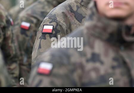 Forze armate polacche. Forze armate della Repubblica di Polonia. Bandiere polacche su uniforme militare. Esercito polacco. Foto Stock