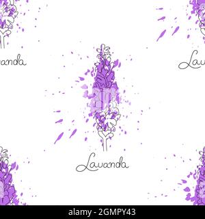 Modello senza cuciture con silhouette di lavanda con vernice viola splash e scritta Lavander. Illustrazione Vettoriale