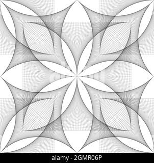 Modello di banner simbolo senza giunture Flower of Life, struttura geometrica a reticolo di Fiore sacro di loto, arte del filo, geometria Sacra floreale in griglia a linee nere String Illustrazione Vettoriale