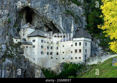 castello predjama costruito in una montagna nella natura vicino alla grotta postojna . Foto Stock