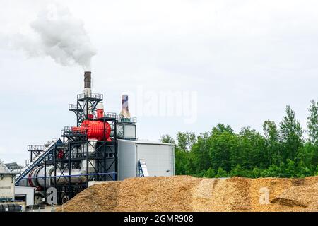 nuovo e moderno impianto di produzione di pellet di legno in funzione Foto Stock