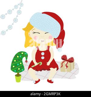 Personaggio vettoriale di una ragazza carina in un cappellino di Capodanno spntaclaus. Bambino con un regalo vicino all'albero di Natale. Illustrazione della gioia di vacanza di nuovo anno e. Illustrazione Vettoriale