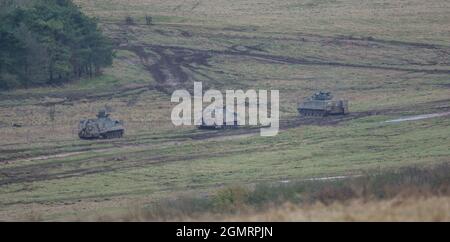 Esercito britannico Warrior FV512 MRV & Warrior FV510 carri armati IFV in azione su un esercizio militare, Salisbury Plain, Wilts UK Foto Stock