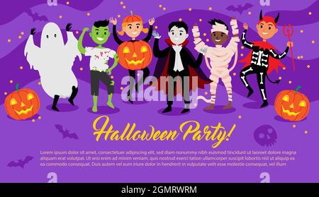 Gruppo di bambini carini vestito in costumi festosi di Halloween e ballare sul poster festa di Halloween. Diversi personaggi simpatici e divertenti in costumi. Vet Illustrazione Vettoriale